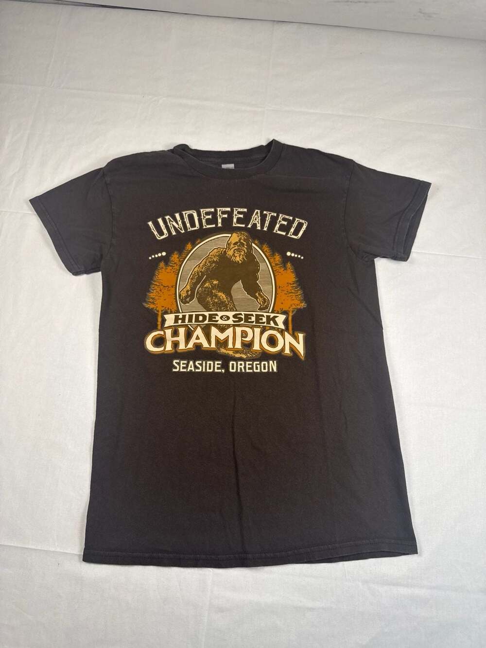 Gildan Undefeated Hide & Seek Champion Bigfoot Seaside Oregon T-Shirt Size Small
